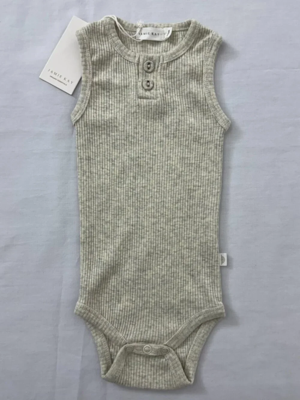 NWT Jamie Kay Organic Ribbed Sleeveless Baby Bodysuit Oatmeal Heather 3-6 Months